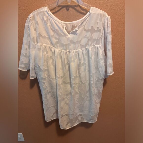 Womens 3 4 Bell Sleeve Blouse Summer Crewneck Lace Floral Textured Babydoll - Picture 5 of 11